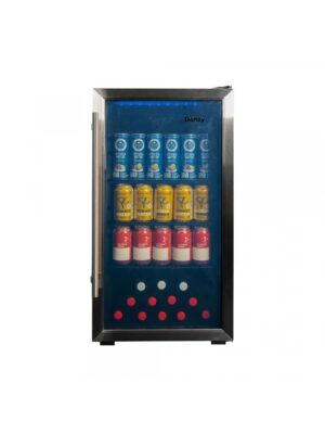 Danby appliances 3.1 cu ft beverage center stainless DBC117A2BSSDD-6 front view showing glass door, stainless steel frame, and interior shelves stocked with beverage cans organized by rows