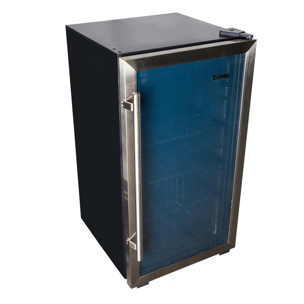Danby 3.1 cu. ft. Free-Standing Beverage Center in Stainless Steel 8 Danby appliances 3.1 cu ft beverage center stainless DBC117A2BSSDD-6 angled view showing glass door, stainless steel frame, and compact cabinet design