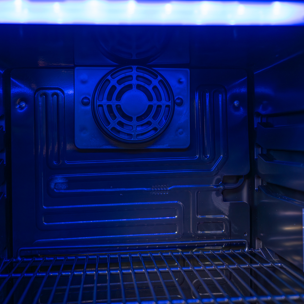 Danby 3.5 cu. ft. Free-Standing Beverage Center in Platinum 13 Danby appliances 3.5 cu ft free standing beverage center platinum DBC121A1BLP close-up of interior rear wall showing fan and ventilation system with blue LED lighting