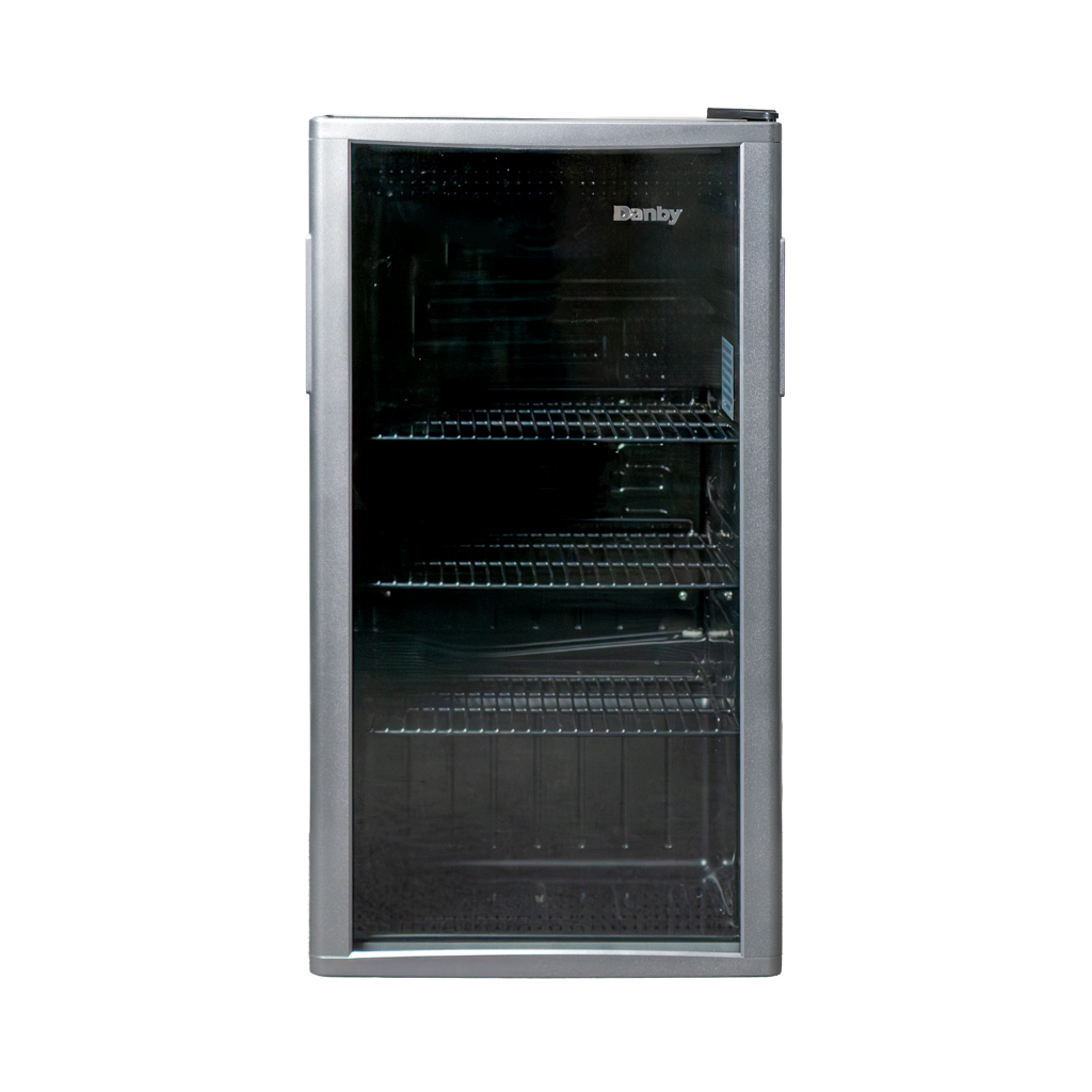 Danby 3.5 cu. ft. Free-Standing Beverage Center in Platinum 5 Danby appliances 3.5 cu ft free standing beverage center platinum DBC121A1BLP front view showing glass door, empty interior shelves, and blue LED lighting on a plain background