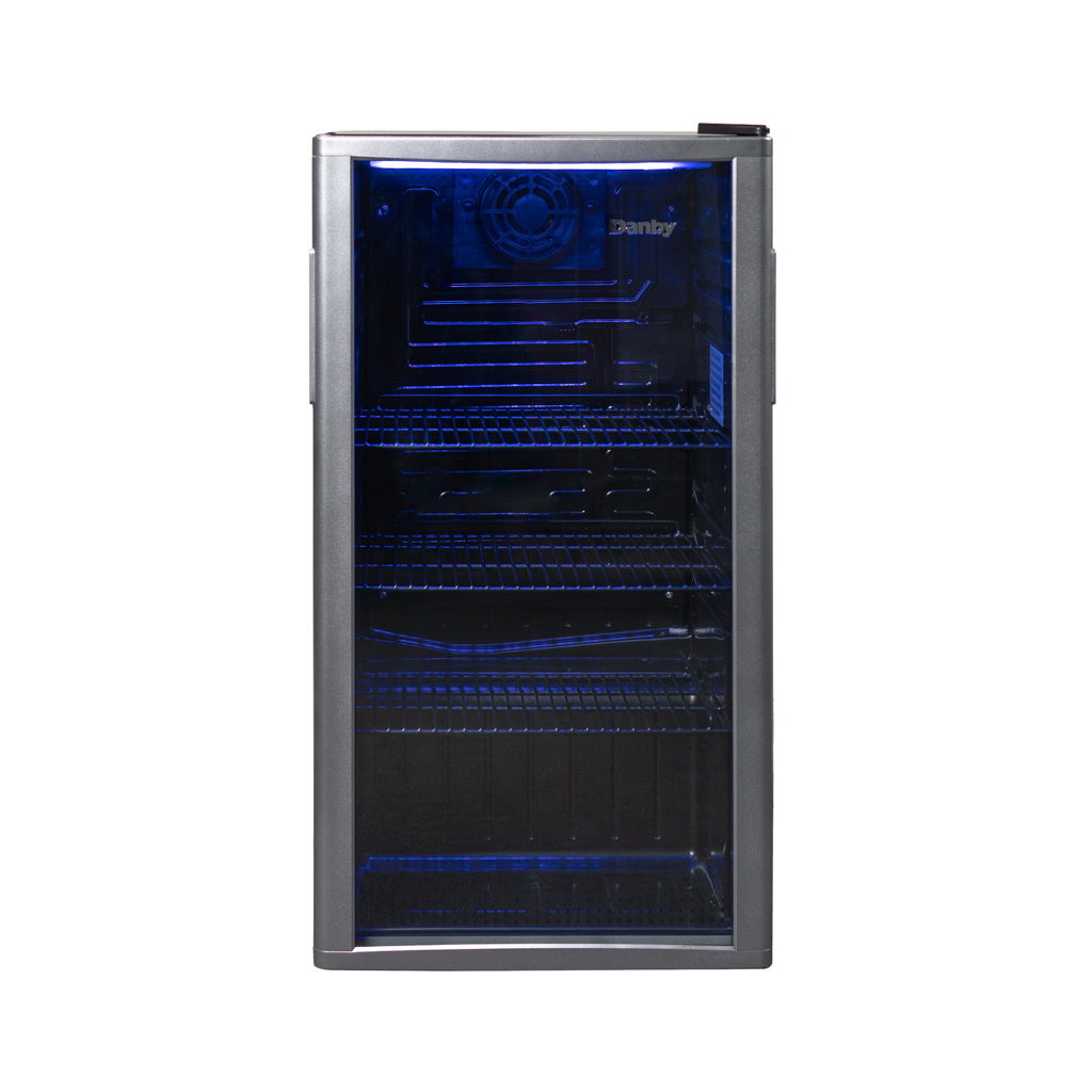 Danby 3.5 cu. ft. Free-Standing Beverage Center in Platinum 6 Danby appliances 3.5 cu ft free standing beverage center platinum DBC121A1BLP front view showing empty interior shelves illuminated with blue LED lighting