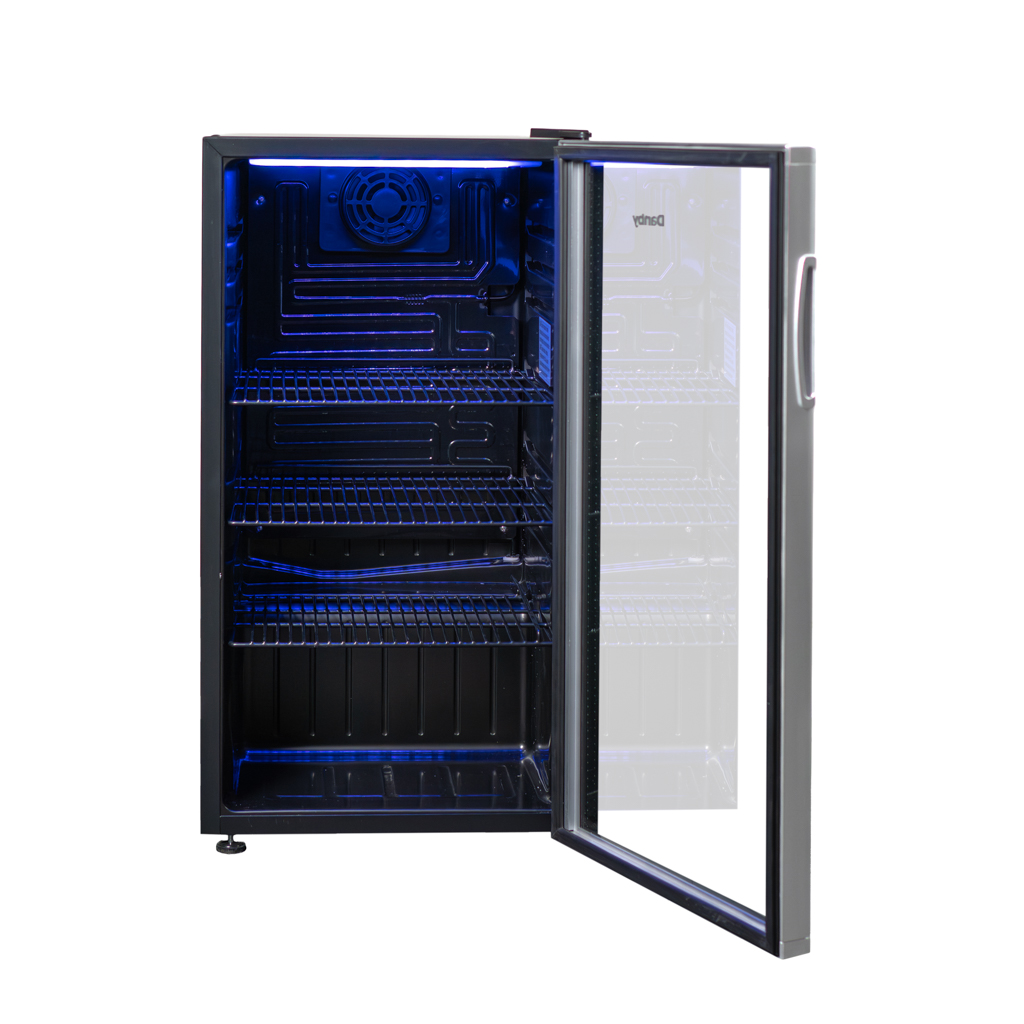 Danby 3.5 cu. ft. Free-Standing Beverage Center in Platinum 7 Danby appliances 3.5 cu ft free standing beverage center platinum DBC121A1BLP angled front view with door open showing empty interior shelves and blue LED lighting