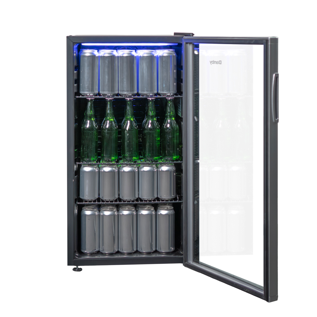 Danby 3.5 cu. ft. Free-Standing Beverage Center in Platinum 8 Danby appliances 3.5 cu ft free standing beverage center platinum DBC121A1BLP angled front view with door open showing shelves stocked with beverage cans and bottles