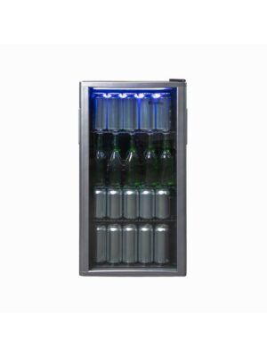 Danby appliances 3.5 cu ft free standing beverage center platinum DBC121A1BLP front view showing glass door, platinum frame, blue LED lighting, and interior shelves stocked with beverage cans and bottles on a plain background