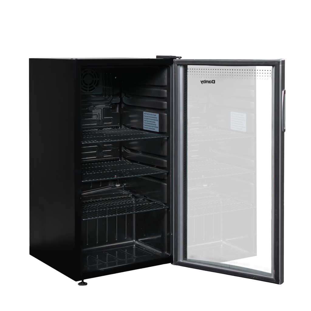 Danby 3.5 cu. ft. Free-Standing Beverage Center in Platinum 9 Danby appliances 3.5 cu ft free standing beverage center platinum DBC121A1BLP side angled view with door open showing empty interior shelves