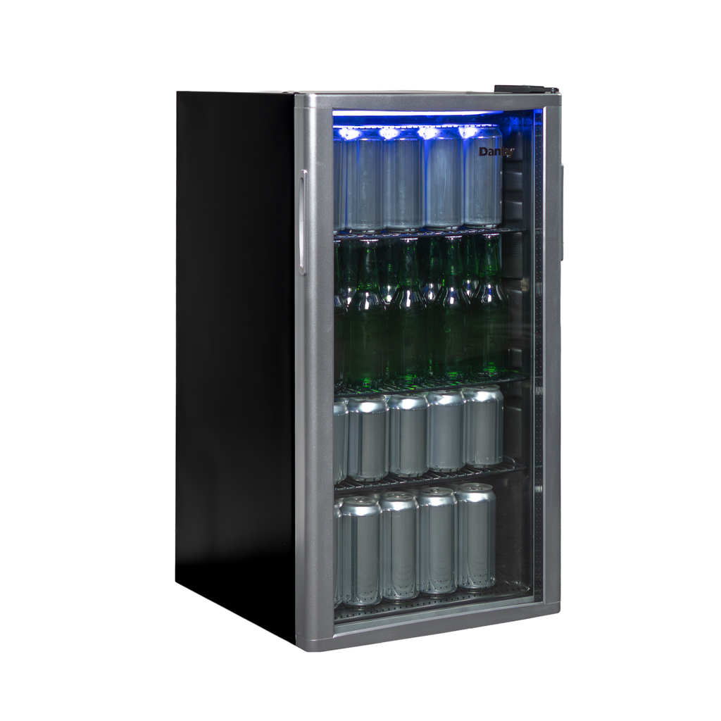 Danby 3.5 cu. ft. Free-Standing Beverage Center in Platinum 2 Danby appliances 3.5 cu ft free standing beverage center platinum DBC121A1BLP angled front view showing glass door, platinum frame, blue LED lighting, and interior shelves stocked with beverage cans and bottles on a plain background