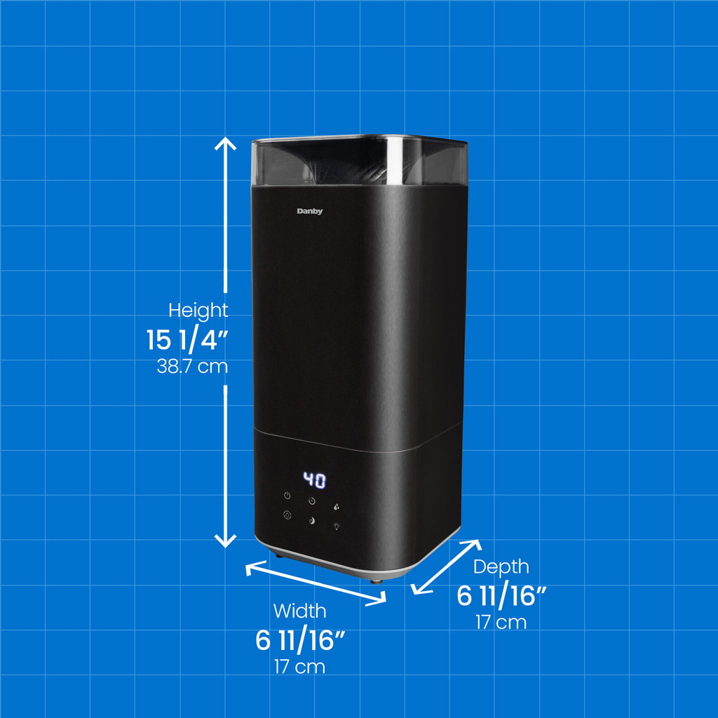 Danby appliances 5L ultrasonic top fill humidifier black DBHR13211BDD1 with product dimensions showing height 15 1/4 inches 38.7 cm, width 6 11/16 inches 17 cm, and depth 6 11/16 inches 17 cm on a blue grid background