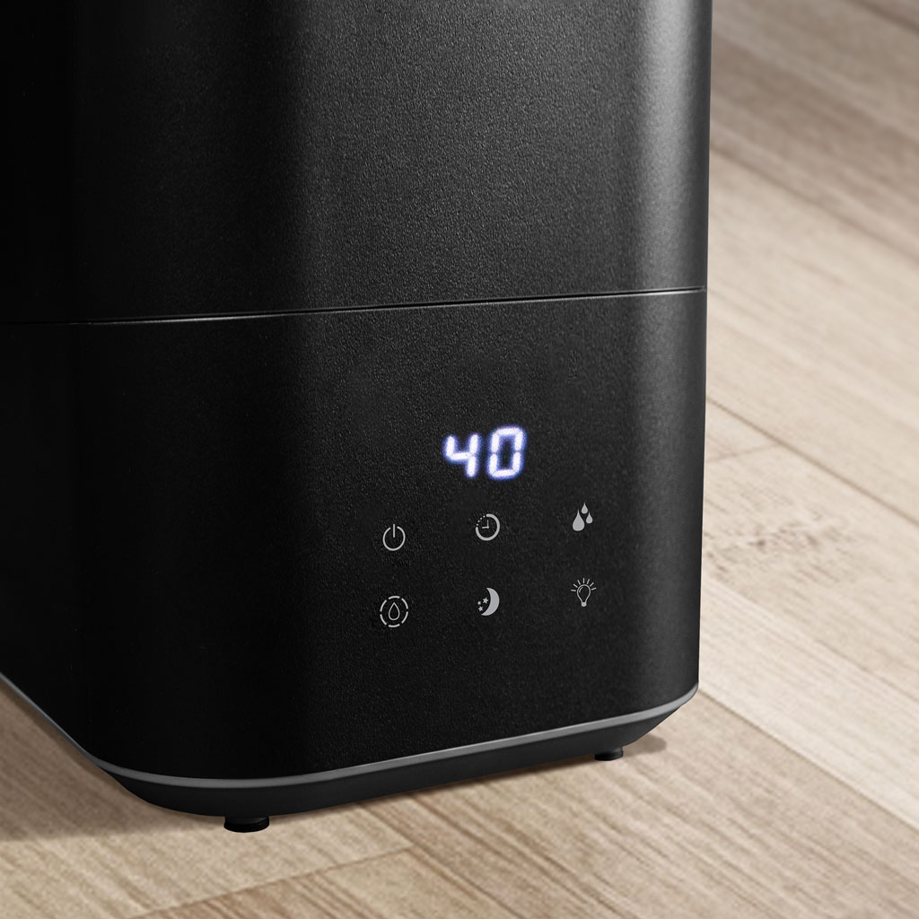 Danby appliances 5L ultrasonic top fill humidifier black DBHR13211BDD1 close-up of digital display reading 40 with touch control icons on front panel on a wooden surface
