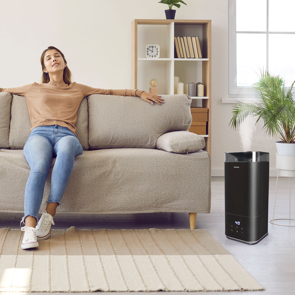 Danby appliances 5L ultrasonic top fill humidifier black DBHR13211BDD1 shown beside a sofa in a living room setting on a rug, highlighting placement in a home environment
