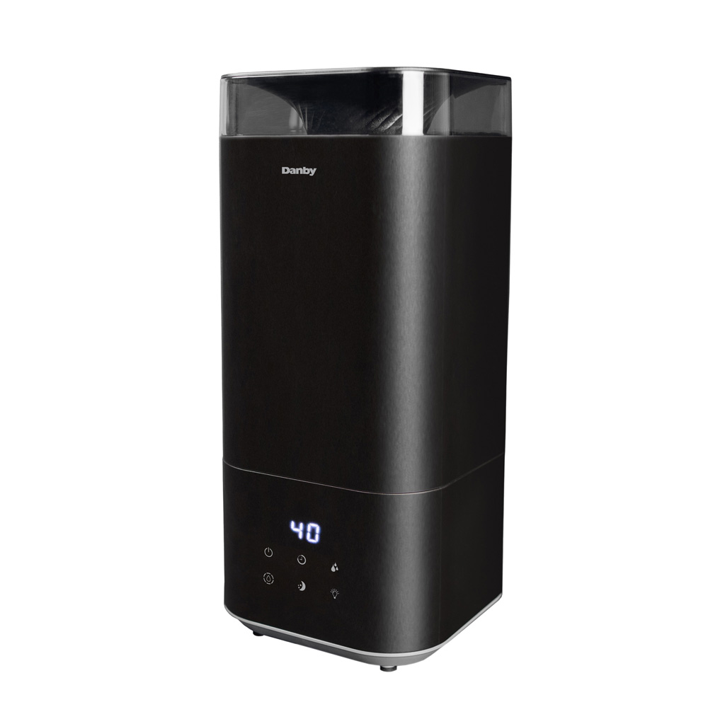 Danby appliances 5L ultrasonic top fill humidifier black DBHR13211BDD1 angled front view showing digital display reading 40 and touch control icons with transparent top water tank on a plain background