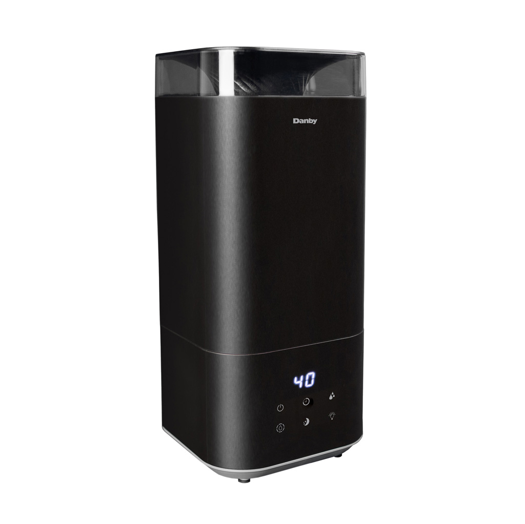 Danby appliances 5L ultrasonic top fill humidifier black DBHR13211BDD1 front view showing digital display and touch control icons on a plain background