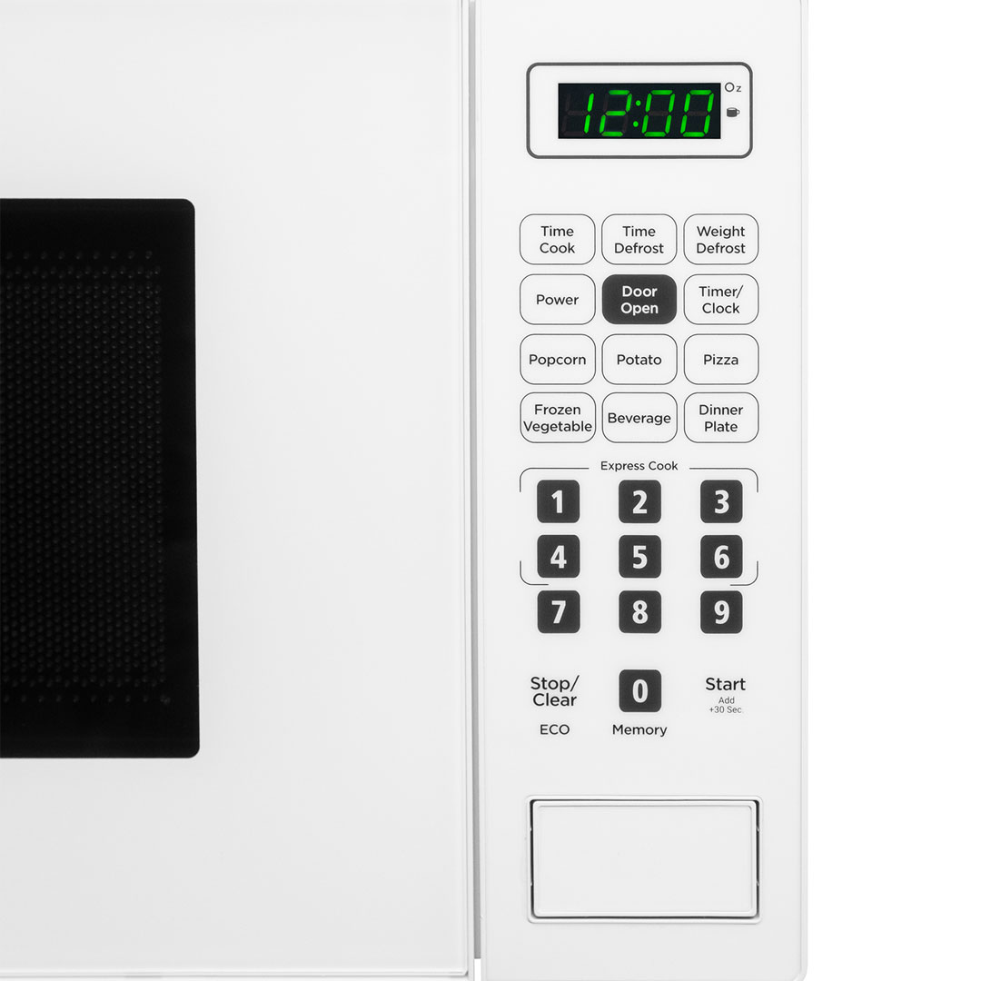 Micro-ondes 0,7 pi³ sur comptoir Danby blanc 9 Panneau de commande de micro-ondes compact Danby DBMW0721BWW de 0,7 pi cu avec écran numérique et réglages de cuisson