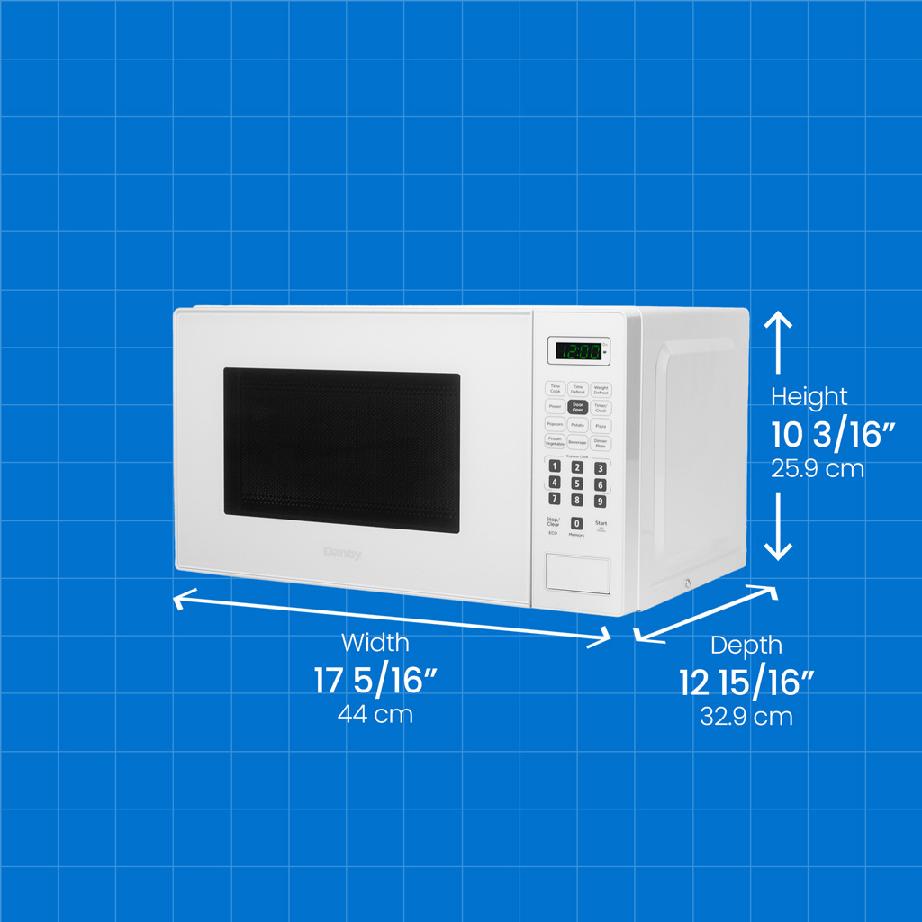 Micro-ondes de comptoir Danby de 0,7 pi. cu. blanc 6 Micro-ondes de comptoir Danby DBMW0721BWW de 0,7 pied cube, avec affichage des dimensions (hauteur, largeur et profondeur)