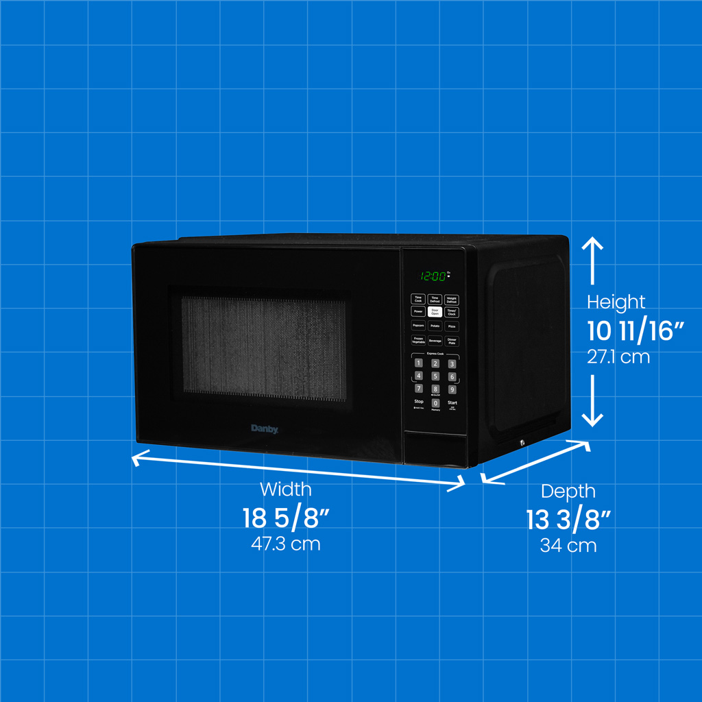 Danby DBMW0921BBB micro-ondes compact de 0,9 pi³, avec dimensions de hauteur, largeur et profondeur affichées