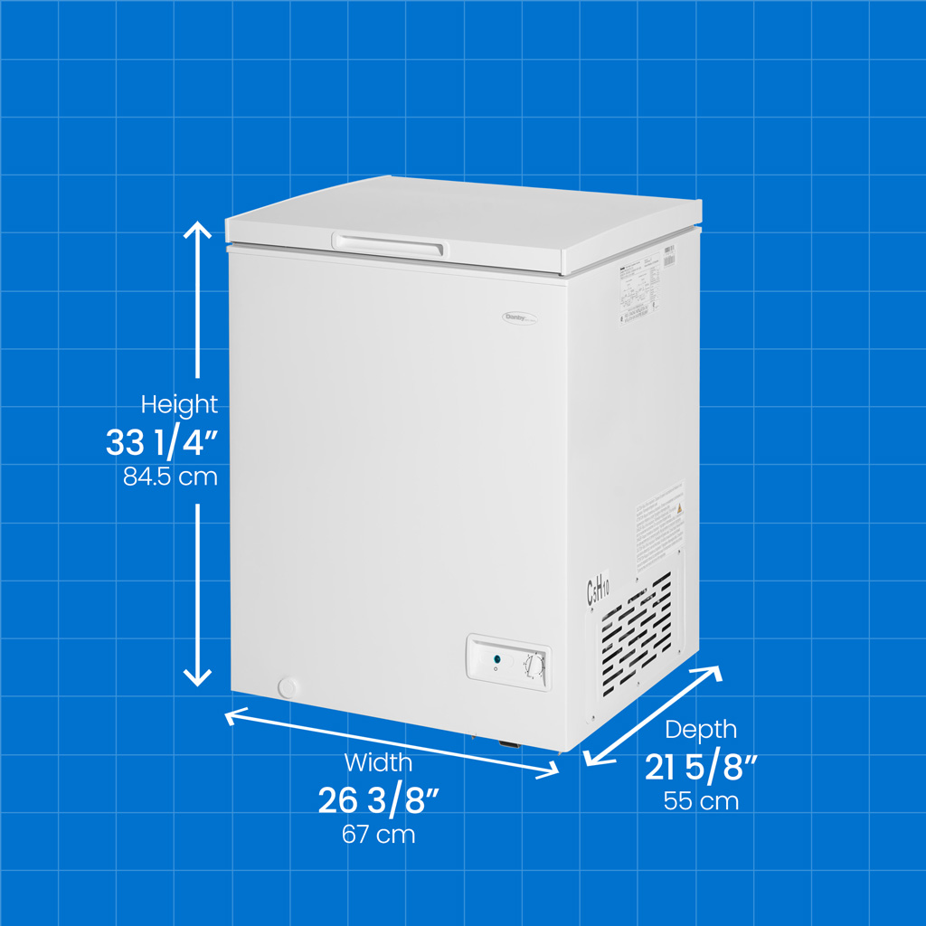 Danby DCF050A6WM 5.0 cu ft chest freezer with height width and depth measurements displayed