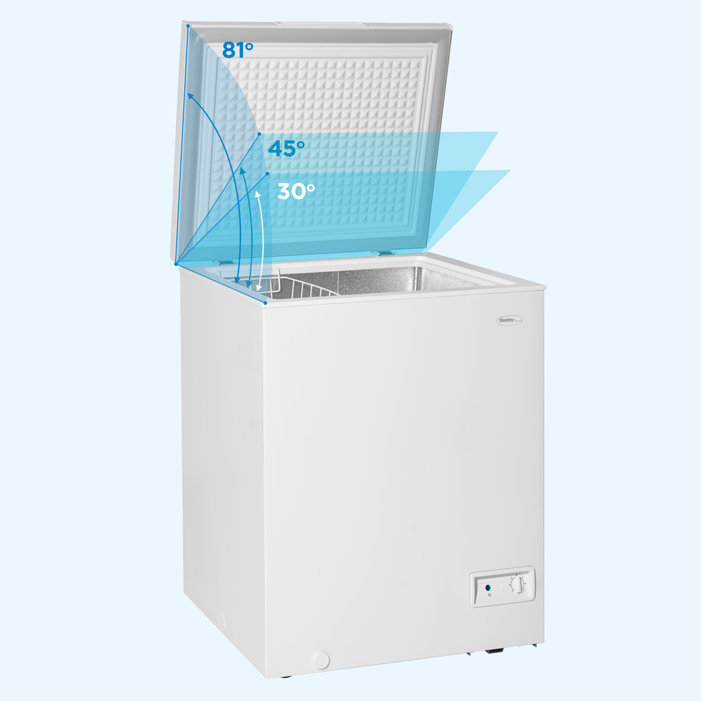 Danby DCF050A6WM 5.0 cu ft chest freezer hinge feature showing lid support design
