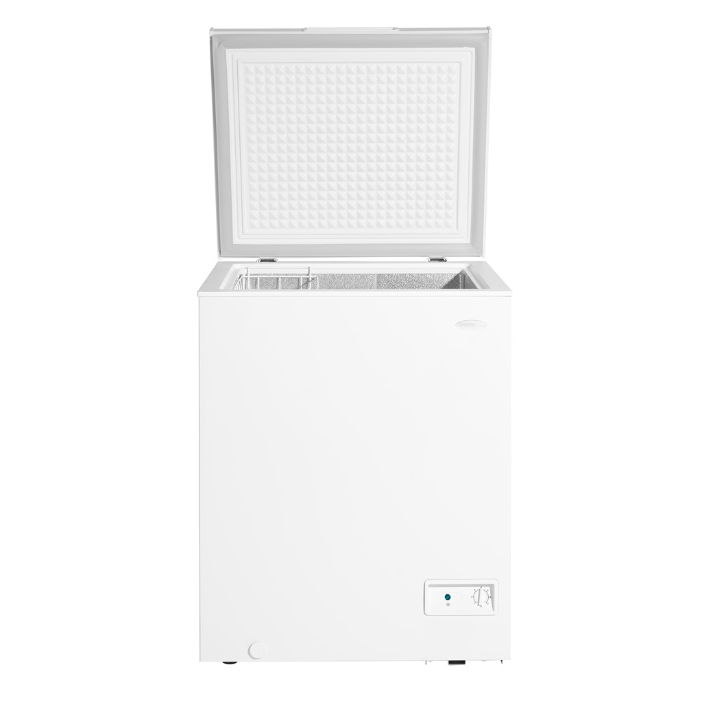 Danby DCF050A6WM 5.0 cu ft chest freezer front view with lid open showing interior storage compartment