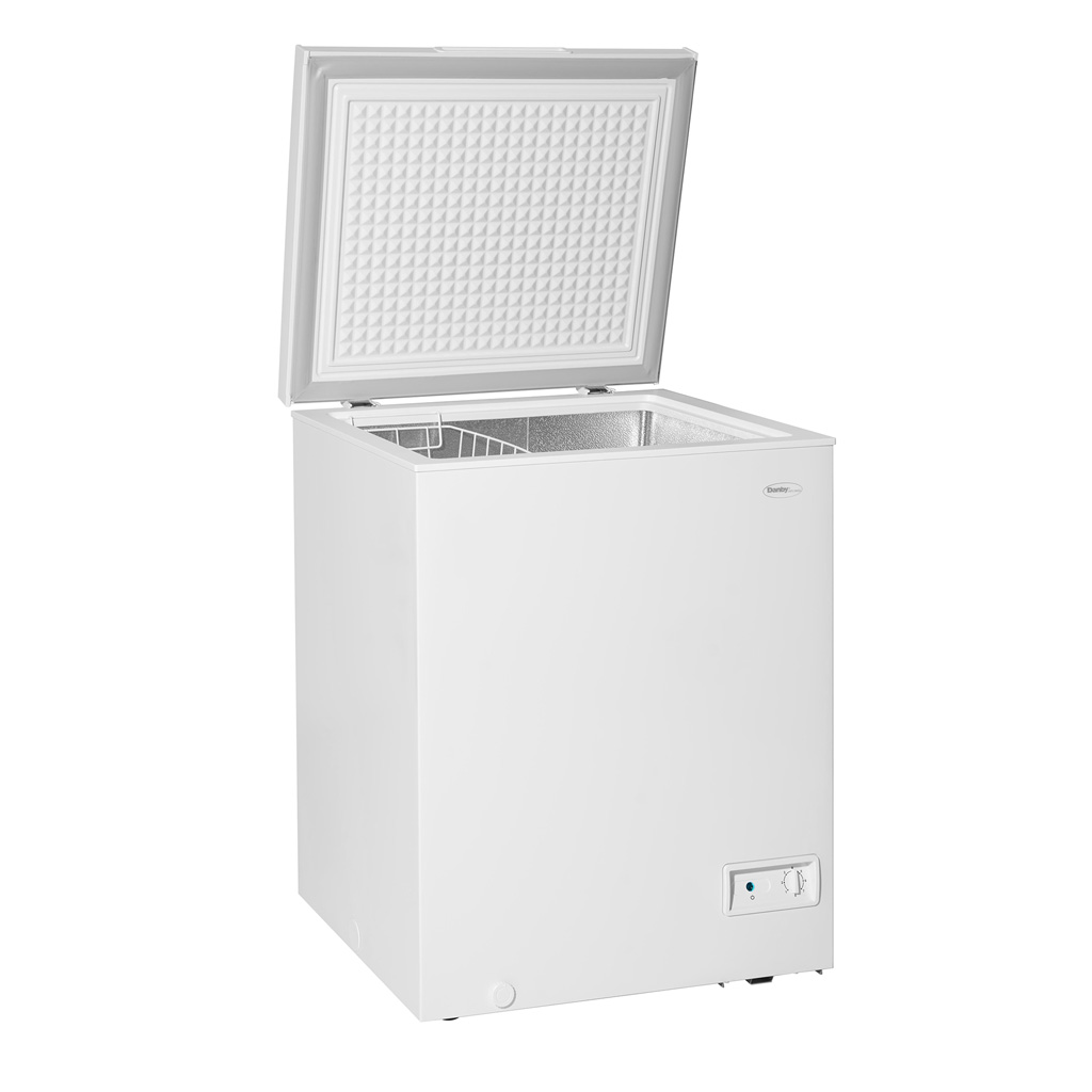 Danby DCF050A6WM 5.0 cu ft chest freezer angled view with lid open showing empty interior storage space