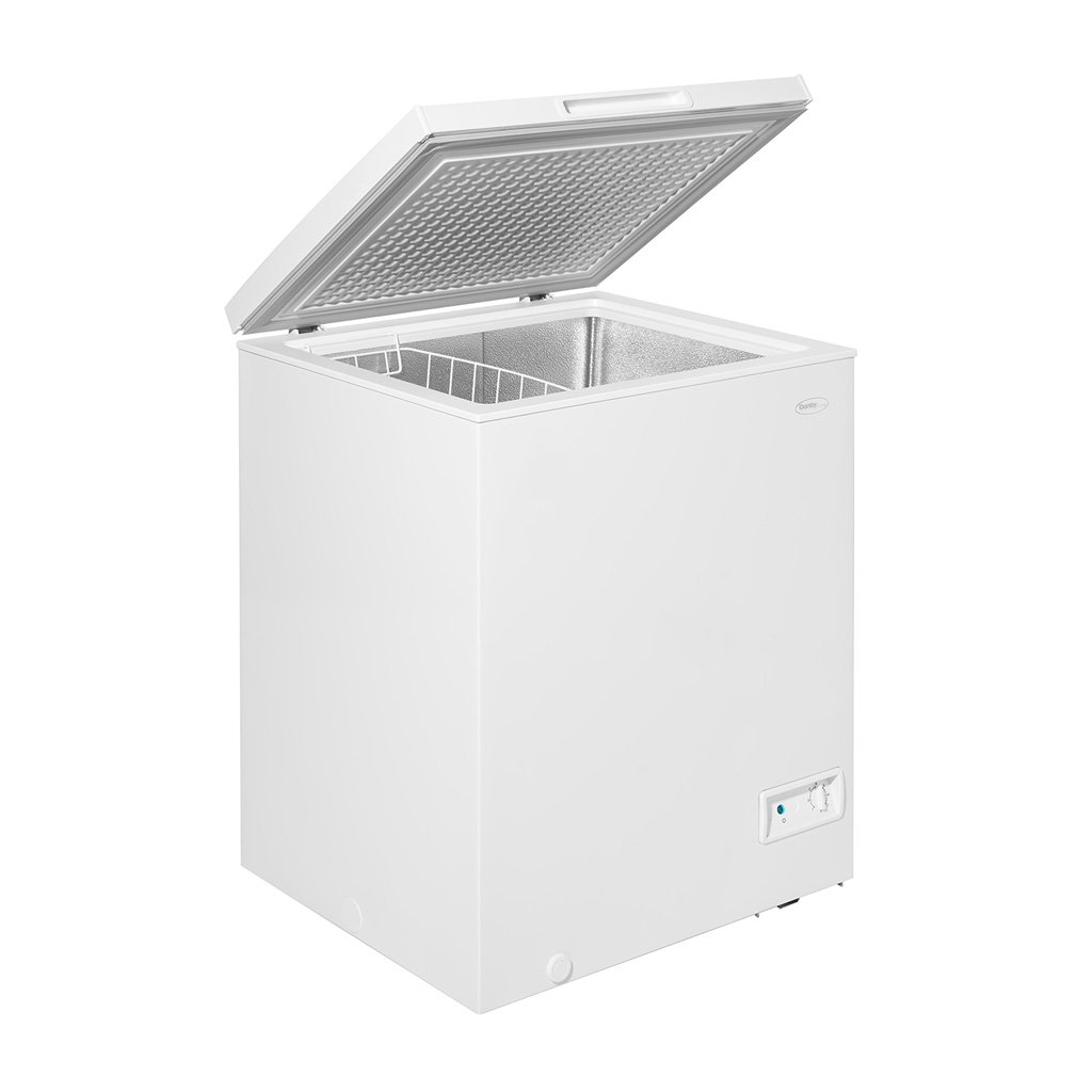 Danby DCF050A6WM 5.0 cu ft chest freezer angled view with lid open showing interior freezer compartment