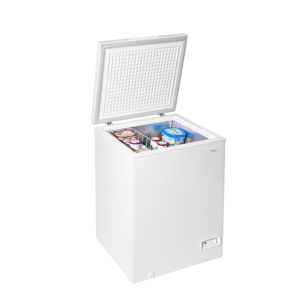 Danby DCF050A6WM 5.0 cu ft chest freezer angled view with lid open displaying frozen food storage