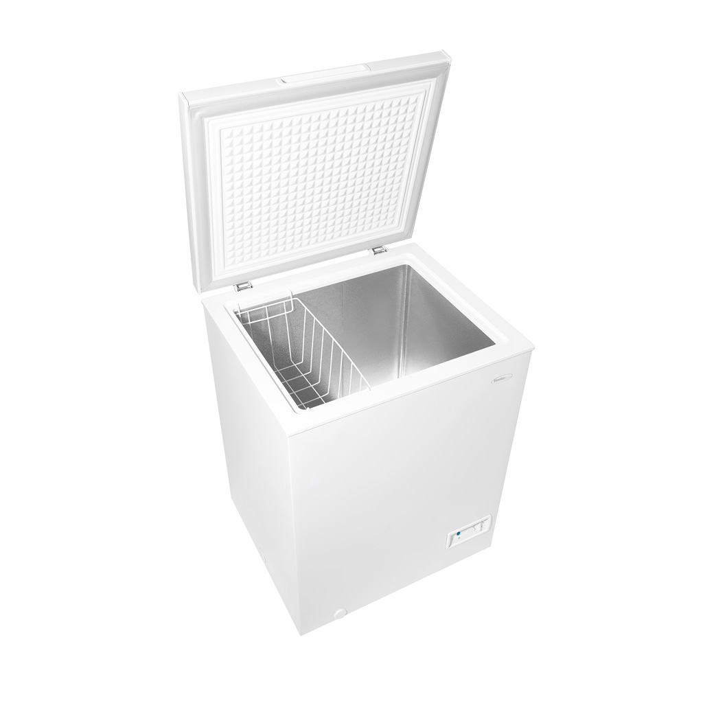 Danby DCF050A6WM 5.0 cu ft chest freezer with lid open showing empty interior compartment