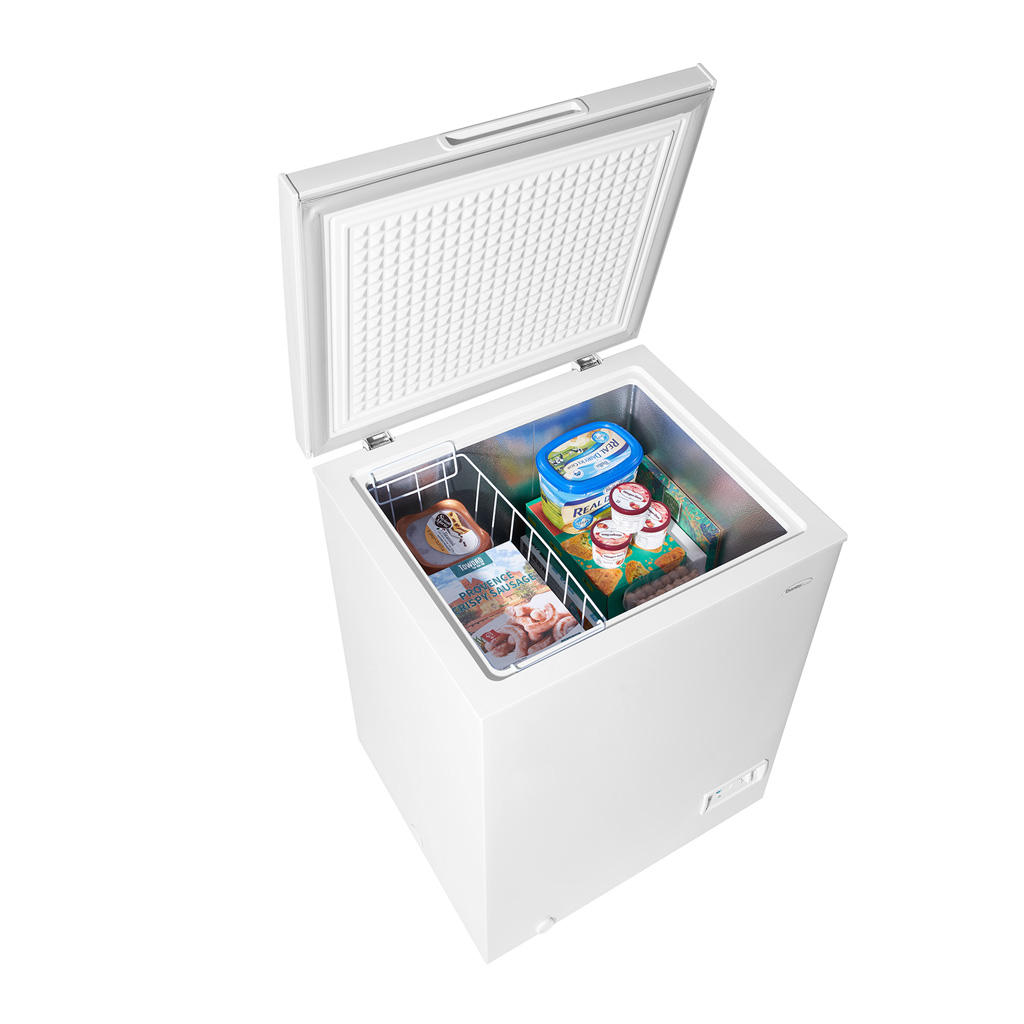 Danby DCF050A6WM 5.0 cu ft chest freezer with lid open displaying frozen food storage