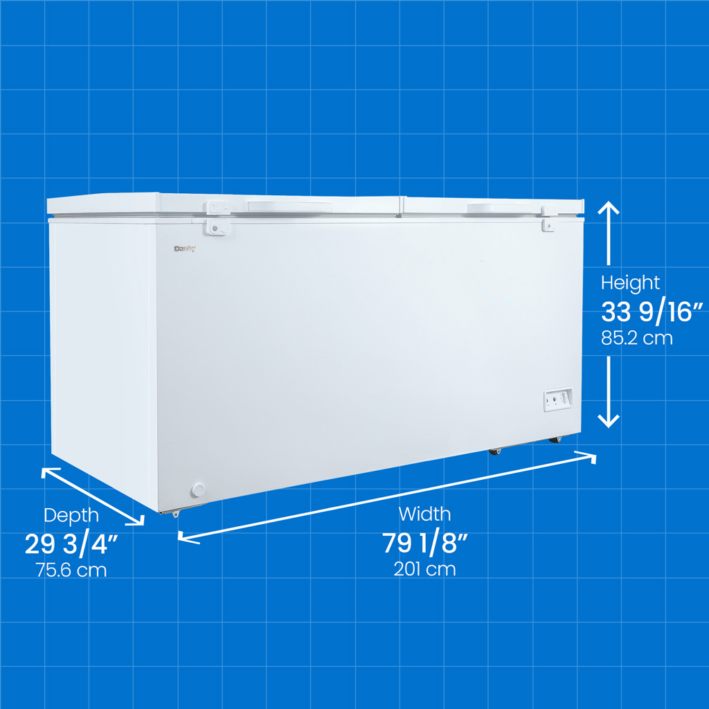Danby DCFM210A1WDB 21.2 cu ft chest freezer with height width and depth measurements displayed