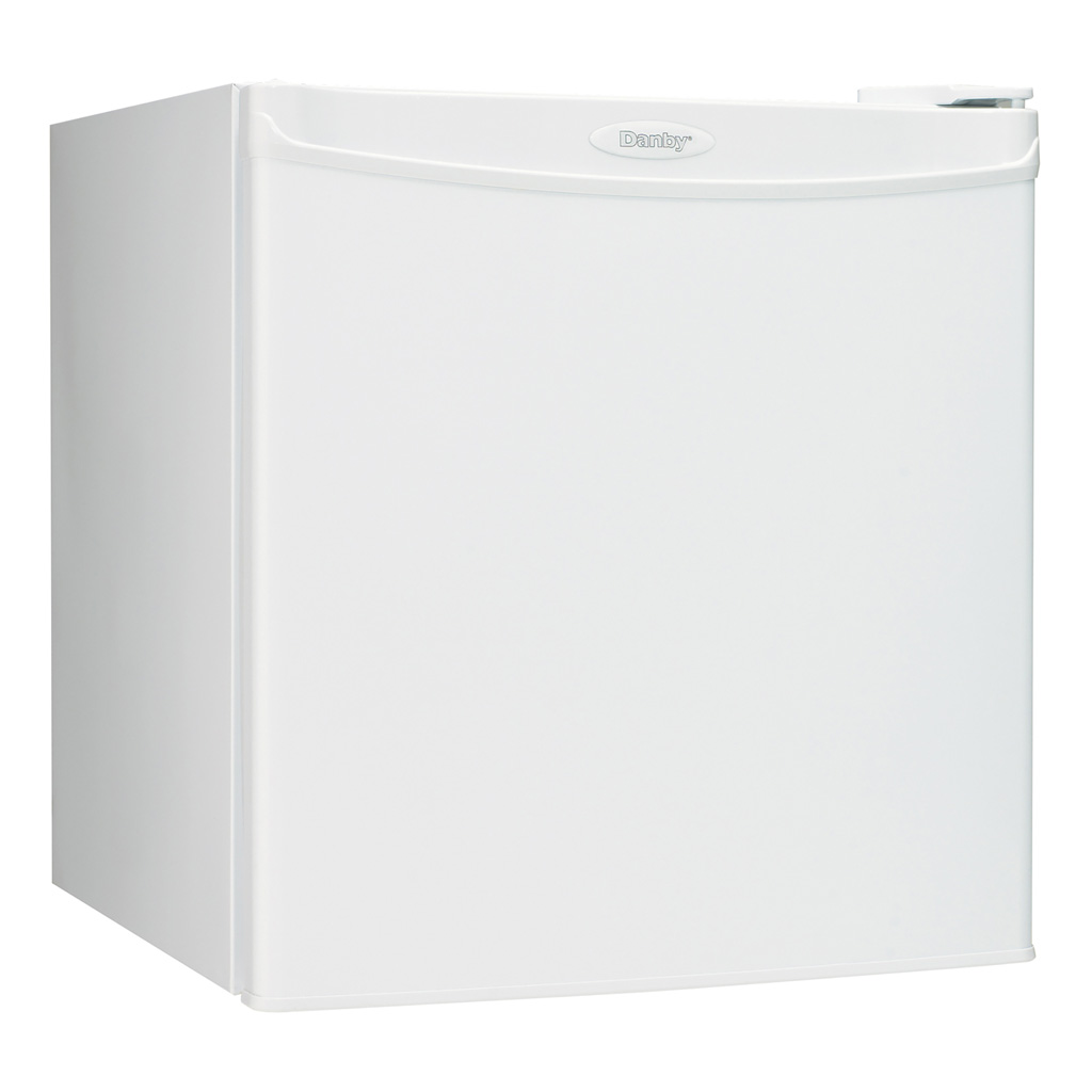 Danby appliances 1.6 cu ft compact fridge white DCR016A3WDB angled right view showing compact cabinet and white finish