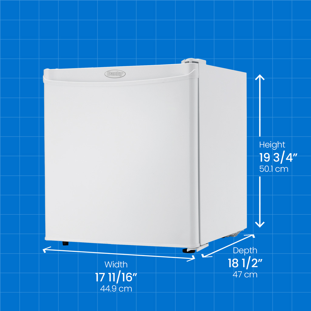 Danby appliances 1.6 cu ft compact fridge white DCR016A3WDB angled view with product dimensions shown on a blue grid background