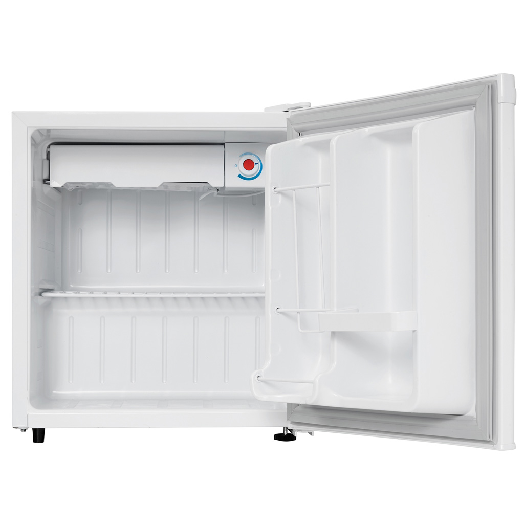 Danby appliances 1.6 cu ft compact fridge white DCR016A3WDB angled left view showing side panel and hinge placement