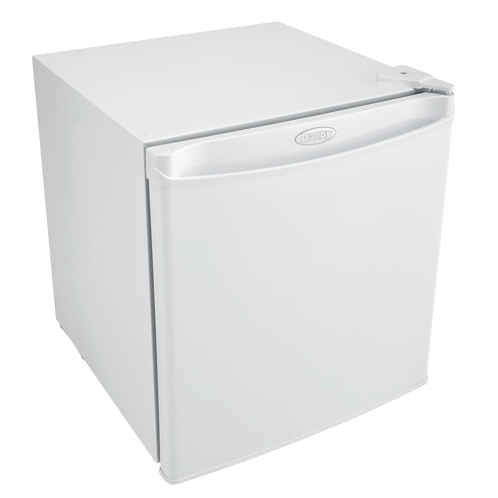 Danby appliances 1.6 cu ft compact fridge white DCR016A3WDB upper angled view showing top surface and compact cabinet design