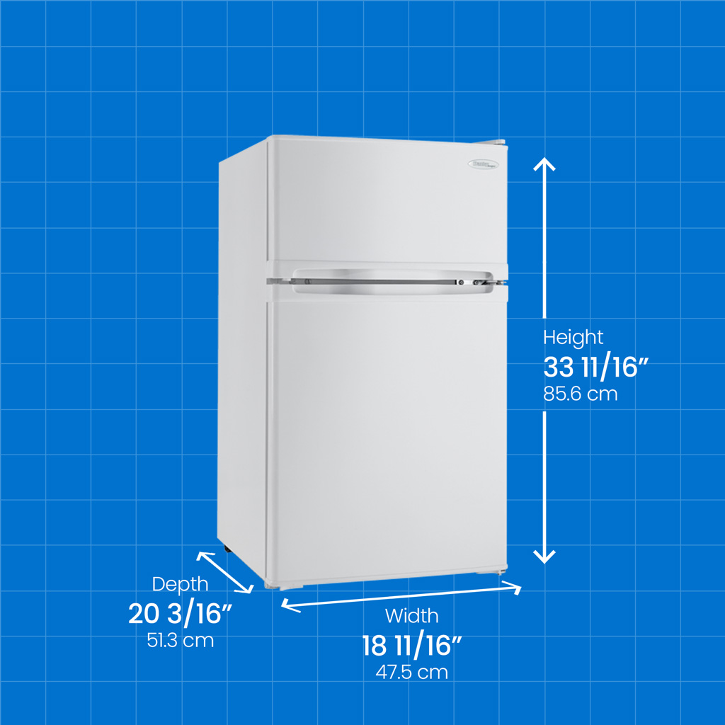 Danby appliances 1.6 cu ft compact fridge white DCR016A3WDB angled view with product dimensions showing height 19 3/4 inches, width 17 11/16 inches, and depth 18 1/2 inches on a blue grid background