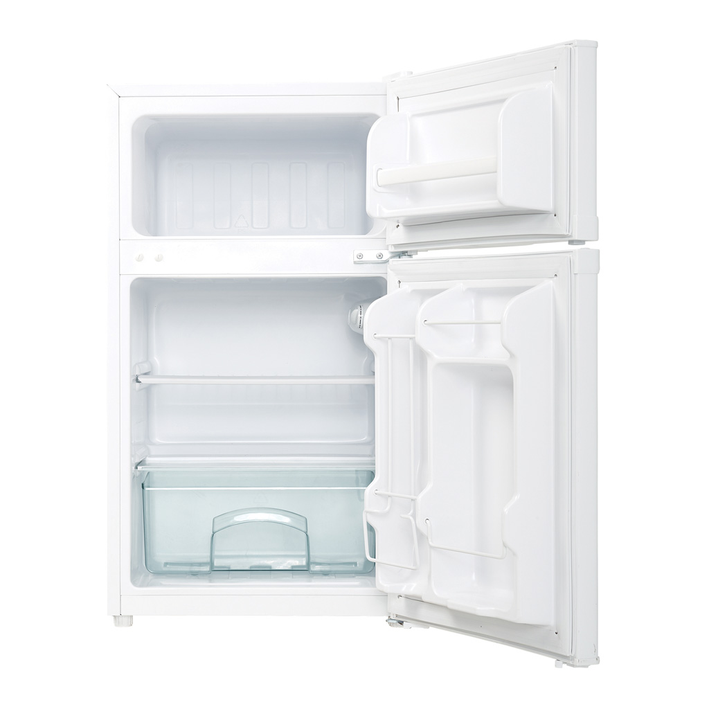 Danby appliances 3.1 cu ft compact fridge white DCR031B1WDD open front view showing empty interior compartments with shelves