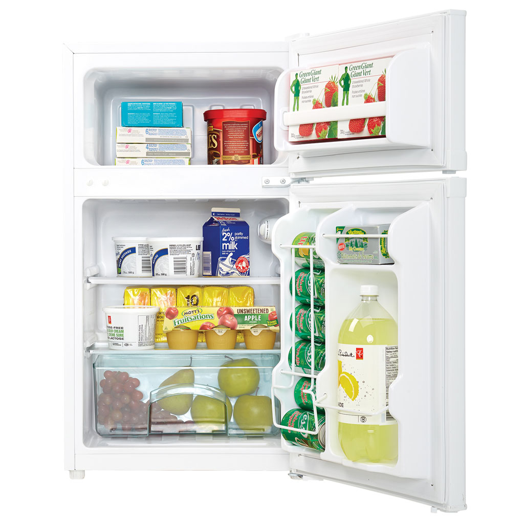 Danby appliances 3.1 cu ft compact fridge white DCR031B1WDD open front view showing interior stocked with food and beverages