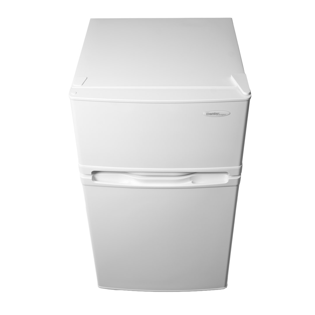 Danby appliances 3.1 cu ft compact fridge white DCR031B1WDD upper angled view showing top surface and compact cabinet design