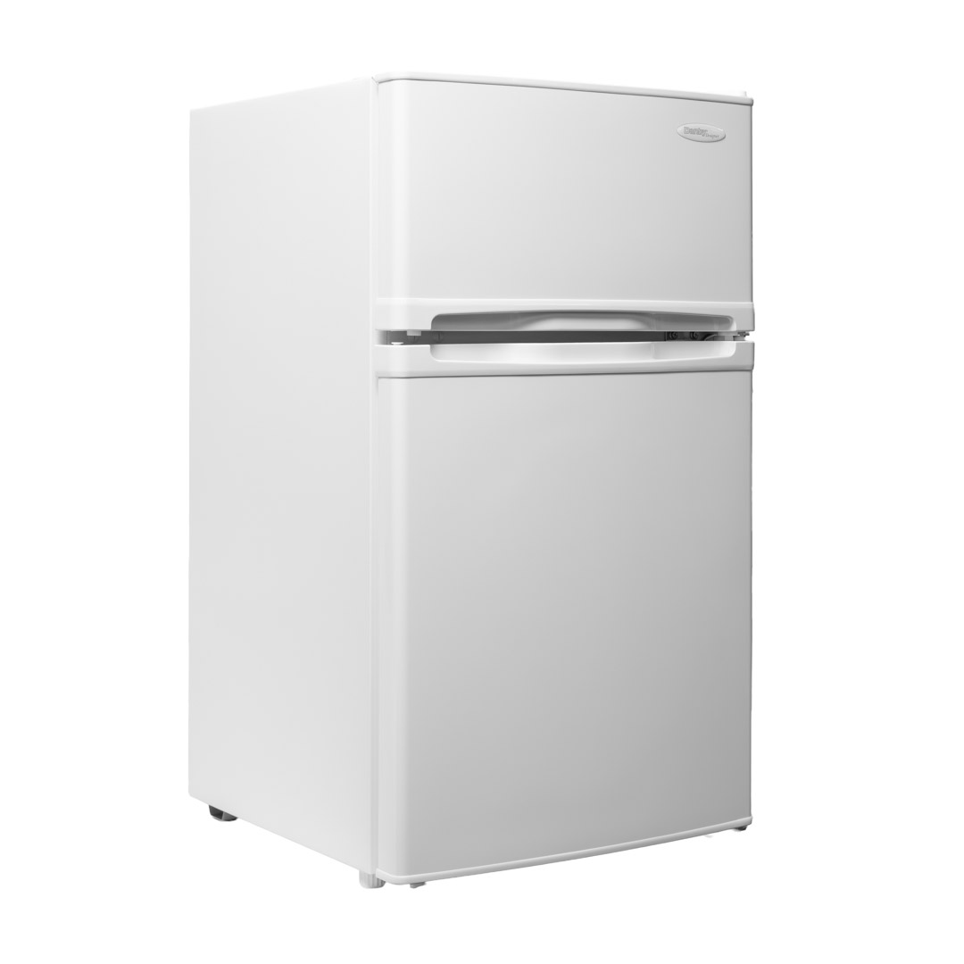 Danby appliances 3.1 cu ft compact fridge white DCR031B1WDD angled right view showing compact cabinet and freezer compartment on top