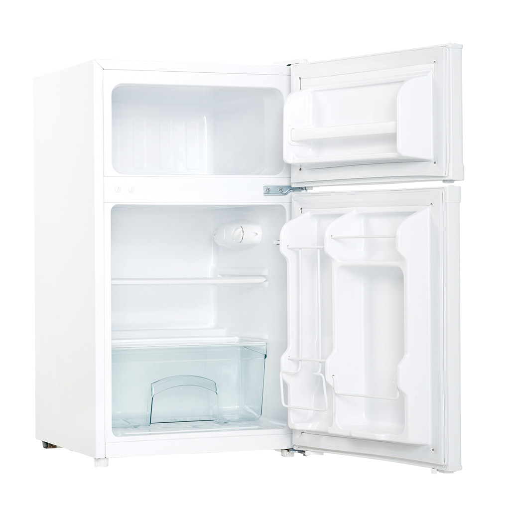 Danby appliances 3.1 cu ft compact fridge white DCR031B1WDD open front view showing empty interior compartments with shelves