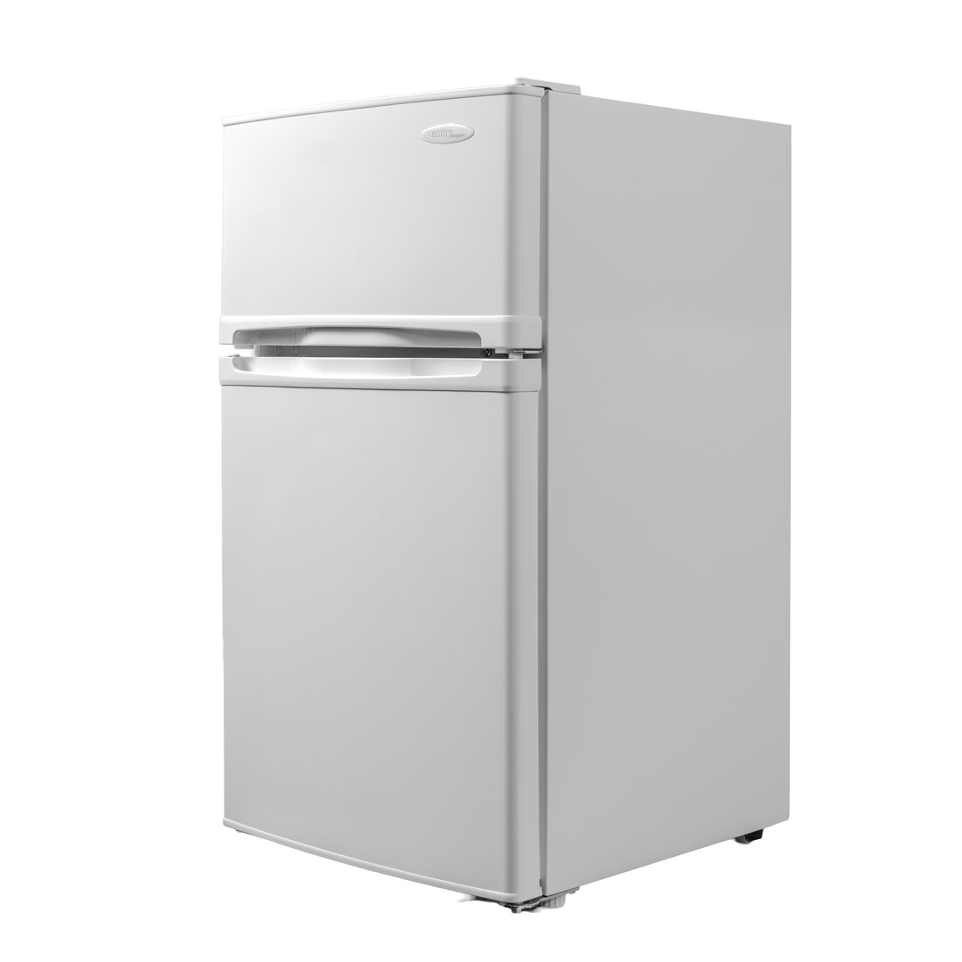 Danby appliances 3.1 cu ft compact fridge white DCR031B1WDD angled left view showing side panel and hinge placement