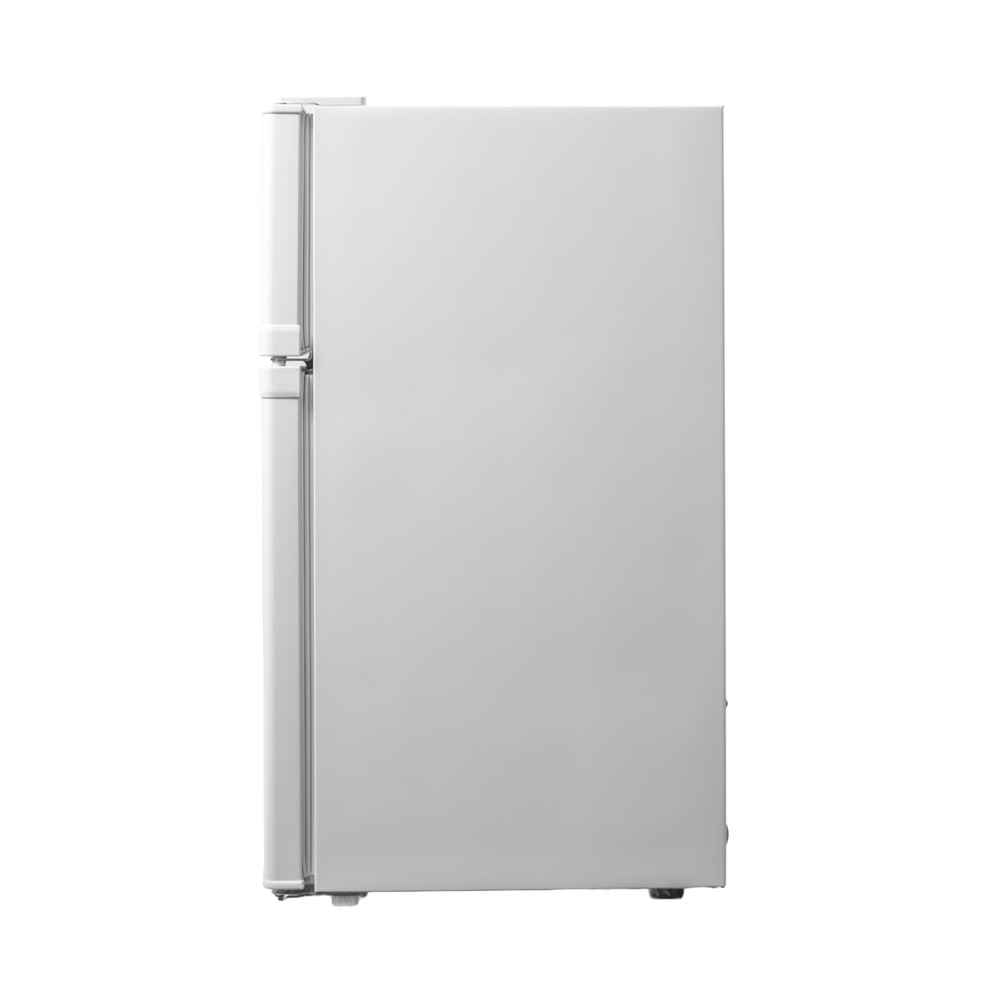 Danby appliances 3.1 cu ft compact fridge white DCR031B1WDD angled left side view showing side panel and hinge placement