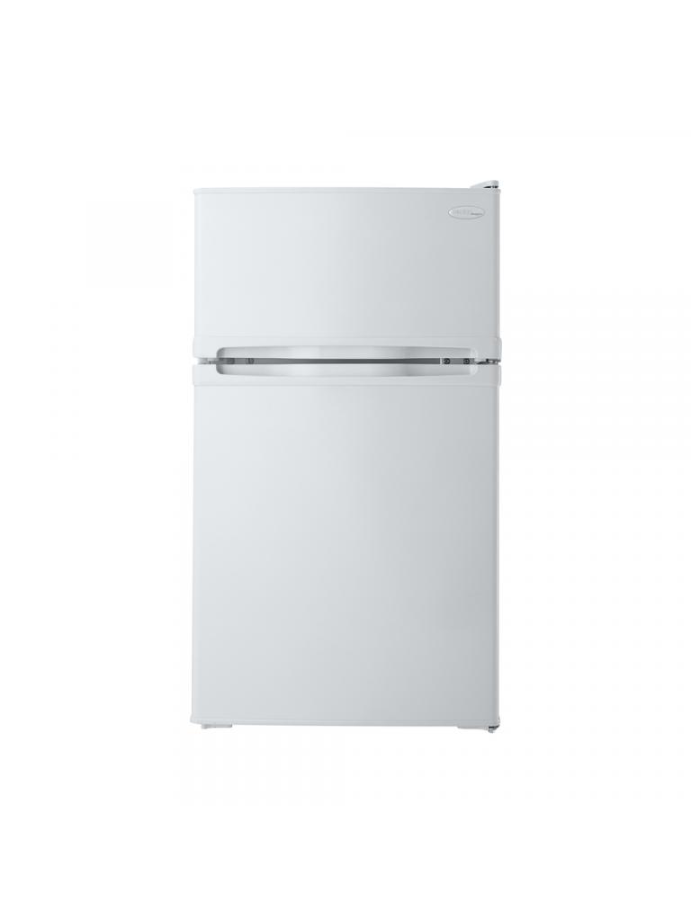 Danby appliances 3.1 cu ft compact fridge white DCR031B1WDD front view showing top freezer compartment and white cabinet design on a plain background