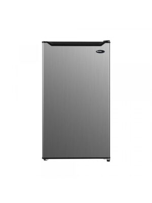 Danby appliances 4.4 cu ft compact fridge stainless DCR044B1SLM front view showing stainless finish and single door design on a plain background