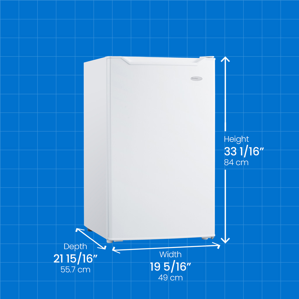 Danby appliances 4.4 cu ft compact fridge white DCR044B1WM angled view with product dimensions showing height 33 1/8 inches, width 19 5/16 inches, and depth 22 1/16 inches on a blue grid background