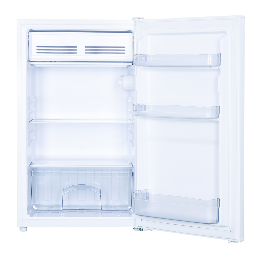Danby appliances 4.4 cu ft compact fridge white DCR044B1WM open front view showing interior shelves and chiller compartment