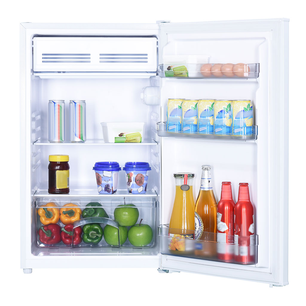 Danby appliances 4.4 cu ft compact fridge white DCR044B1WM open front view showing interior stocked with beverages, fruit, and food items