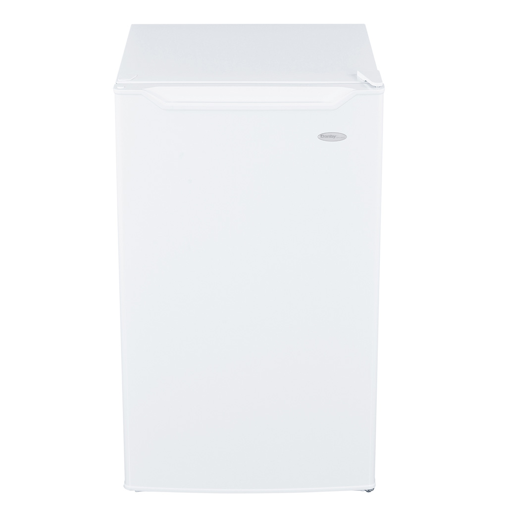 Danby appliances 4.4 cu ft compact fridge white DCR044B1WM upper angled view showing flat worktop surface and cabinet design