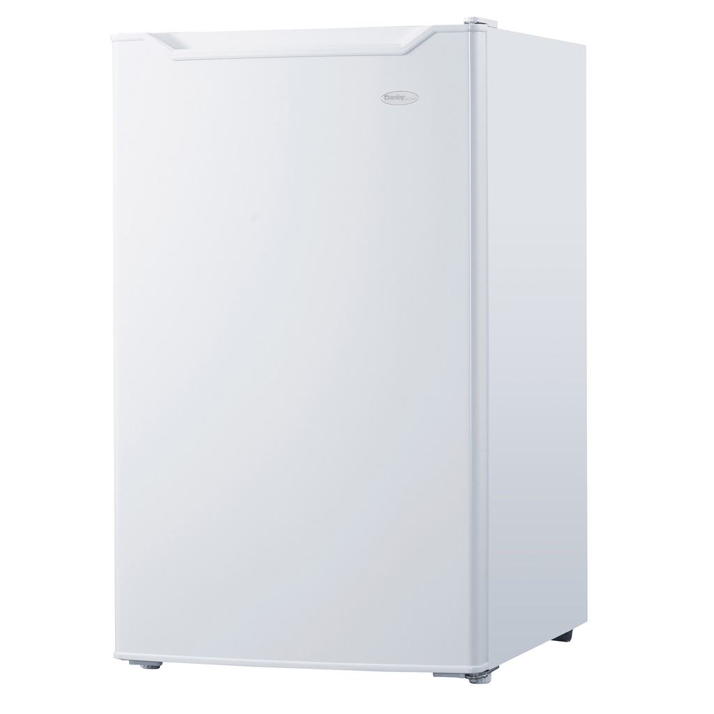 Danby appliances 4.4 cu ft compact fridge white DCR044B1WM angled left side view showing side panel and hinge placement
