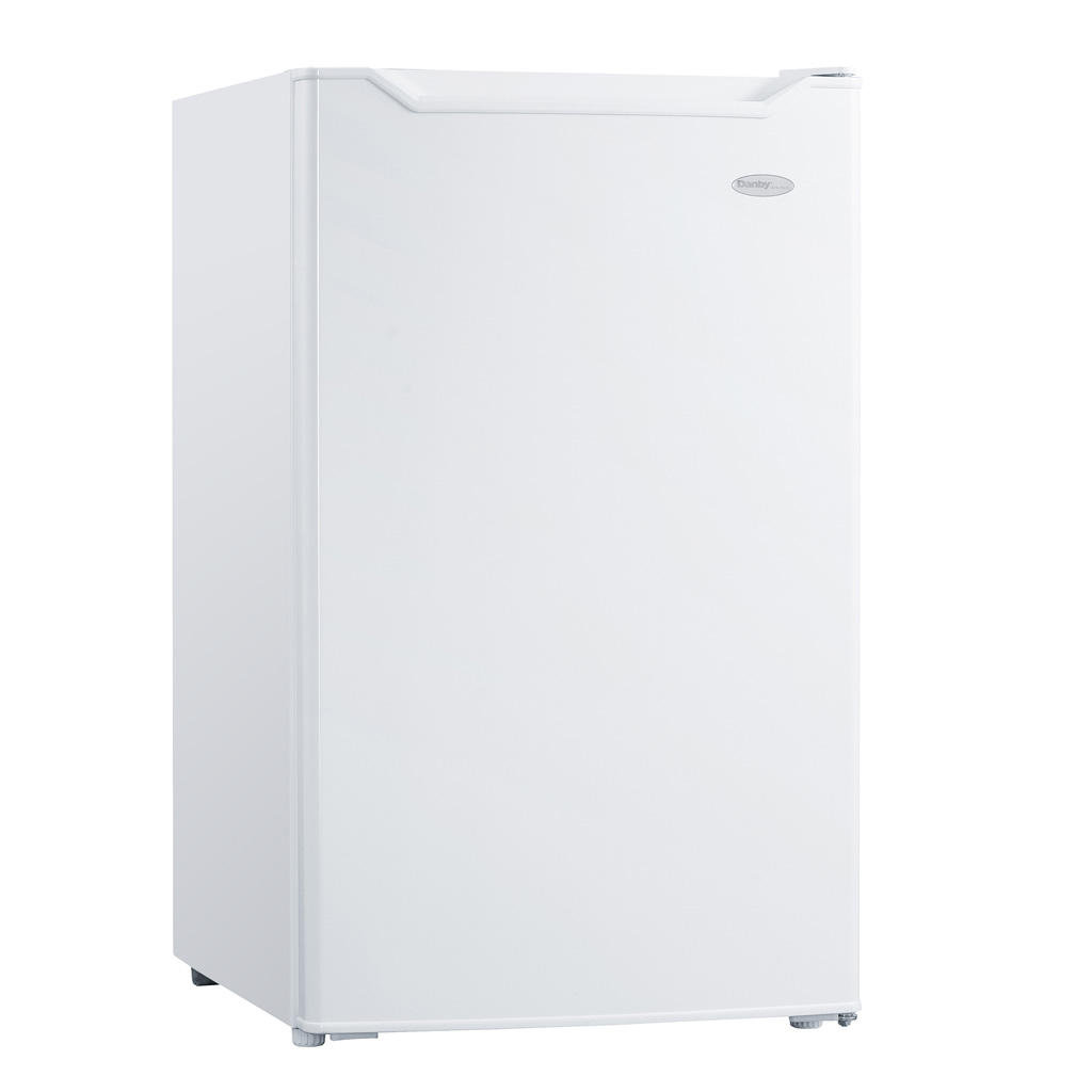 Danby appliances 4.4 cu ft compact fridge white DCR044B1WM angled right side view showing compact cabinet and white finish