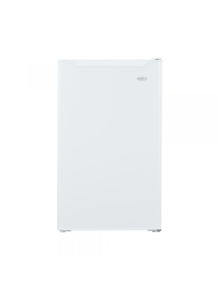 Danby appliances 4.4 cu ft compact fridge white DCR044B1WM front view showing smooth white finish and single door design on a plain background