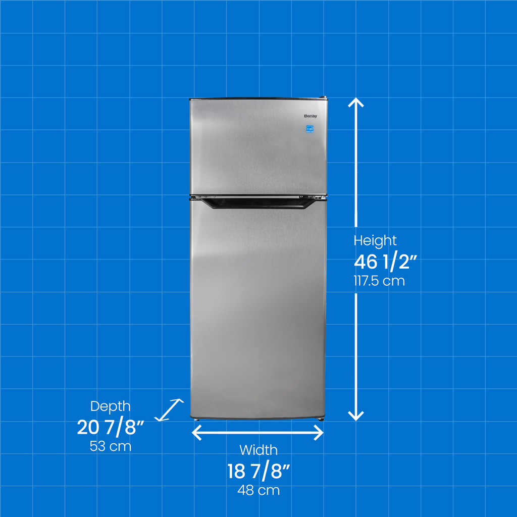 Danby appliances 4.5 cu ft compact fridge stainless DCR045B1SLDB 2 door angled view with product dimensions shown on a blue grid background