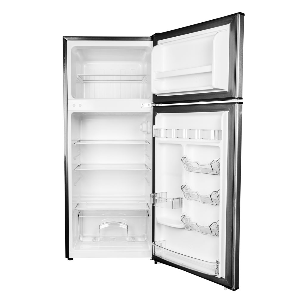 Danby appliances 4.5 cu ft compact fridge stainless DCR045B1SLDB 2 door open front view showing refrigerator and freezer compartments